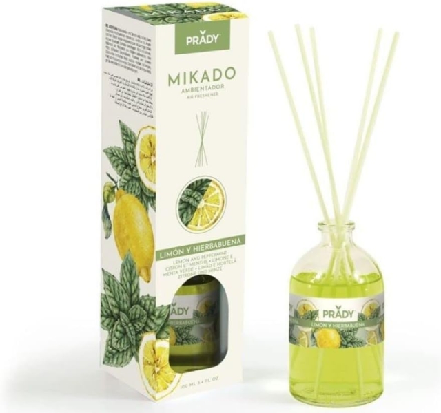 Prady Ambientador Mikado Limon Y Hierbabuena - Frasco De Cristal 100 Ml Y Varitas Difusoras