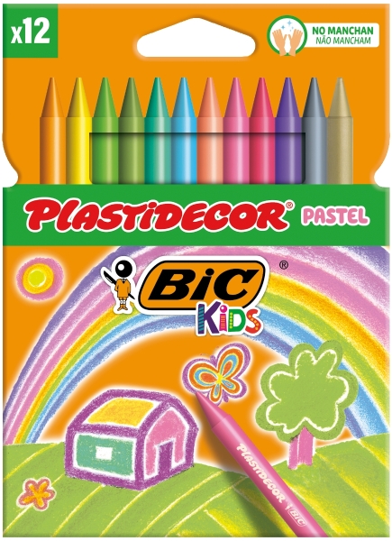 Bic Kids Plastidecor Pastel Caja De 12 Lapices De Cera - Extraresistentes - Facil De Sacar Punta - No Mancha - Colores Pastel Surtidos