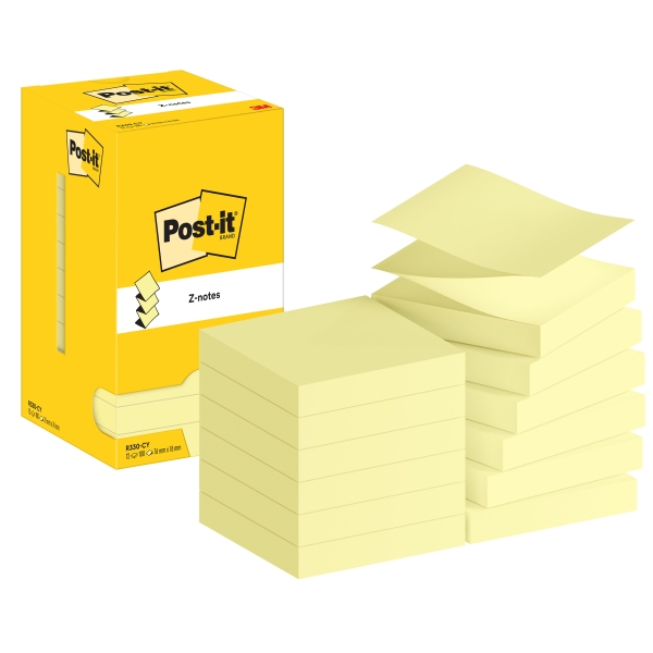 Post-It Pack De 12 Blocs De 100 Z-Notas Adhesivas Reposicionables 76X76Mm - Forma Cuadrada - Caja Dispensadora - Color Amarillo Claro