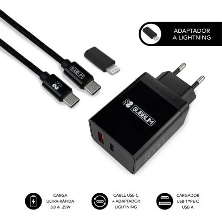 Subblim Cargador Doméstico De 2 Puertos - 25W - Carga Rápida Pd 3.0/2.0/Quick Charge 3.0 4.0 2.0 - Cable Usb C Reversible - Color Negro