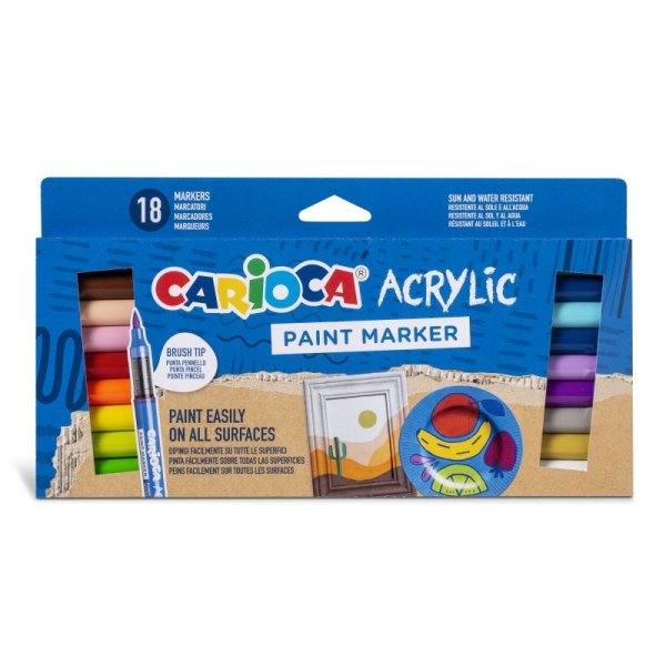 Carioca Acrylic Pack De 18 Marcadores De Pintura Acrilica - Punta Pincel - Tinta A Base De Agua - Alta Cobertura - Colores Surtidos