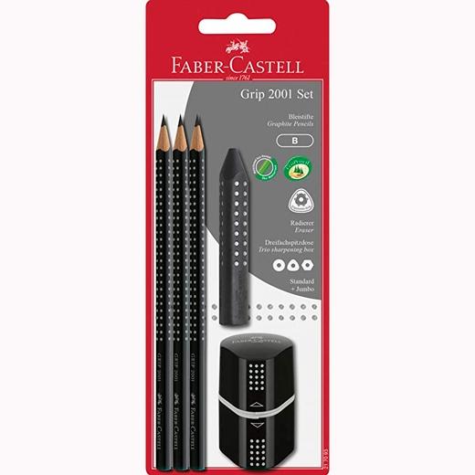 Faber Castell Set 2001 Grip 3 Lápices De Grafito + Goma + Sacapuntas Negro En Blister