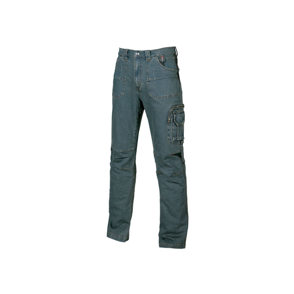 Upower Traffic Pantalon Jeans Stretch - Talla 48 - Bolsillos Delanteros Amplios, Bolsillo Lateral Para Herramientas, Porta Telefono, Porta Martillo, Rodillas Elasticas, Cintura Ajustable Velcro, Triple Costura - Color Azul Vaquero