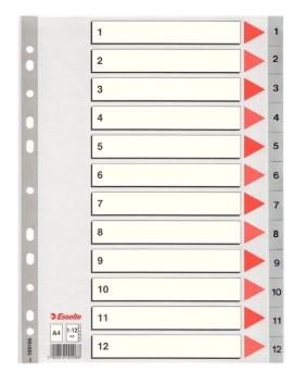 Esselte Índice Numérico Multitaladro Separador 1-12 Polipropileno A4 Gris Con Carátula Índice Cartón Color