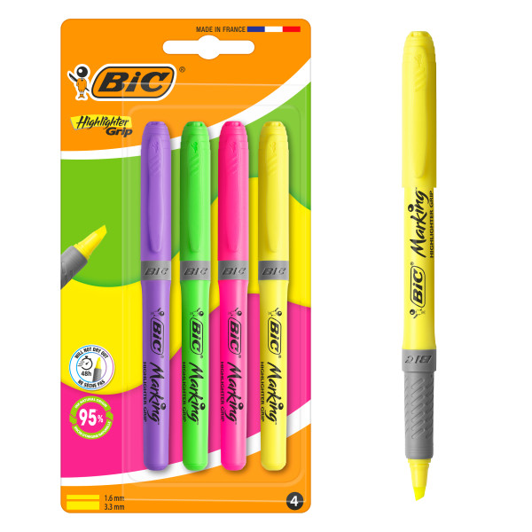 Bic Highlighter Grip Pack Con 4 Marcadores Fluorescentes - Punta Biselada - Trazo Entre 1.60 Y 3.30 Mm - Grip Texturizado - Colores Surtidos
