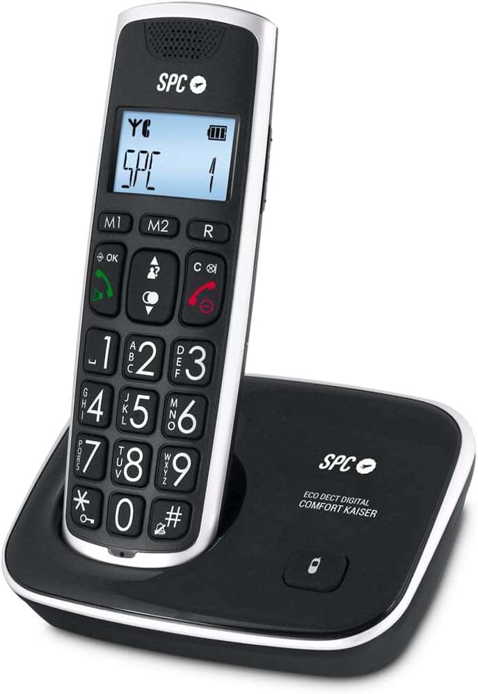 Spc Telefono Fijo Inalambrico Para Mayores - Teclas Y Numeros Extragrandes - Volumen De Auricular Amplificado - Agenda Y 2 Memorias Directas - Identificador De Llamadas Y Manos Libres - Pilas Recargables - Version Duo - Color Negro