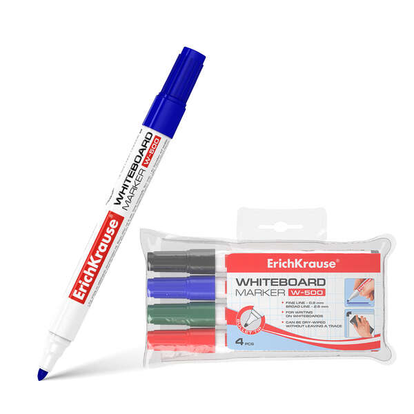 Erichkrause W-500 Pack De 4 Rotuladores Para Pizarra Blanca - Punta En Forma De Bala - Trazo De 0.8 A 2.5Mm - Tinta A Base De Alcohol - Color Azul, Negro, Rojo Y Verde