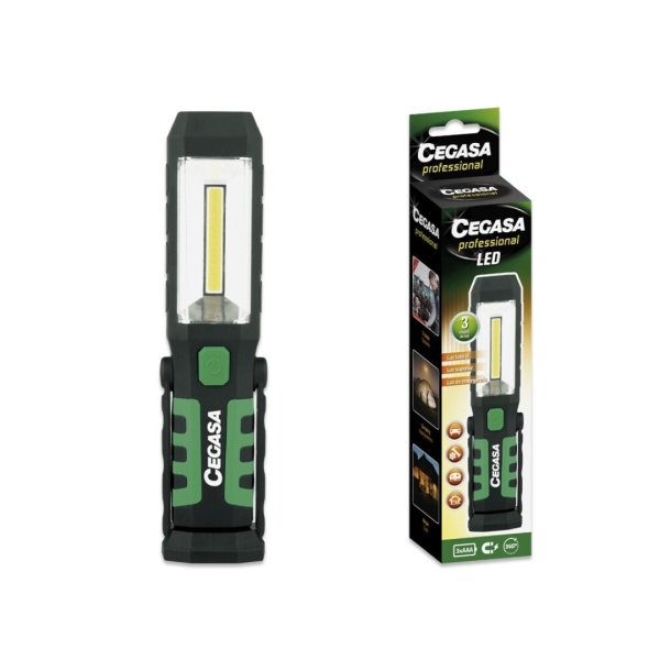 Cegasa Profesional Linterna Magnetica Led - Cob Lateral, Led Superior Y Luz De Emergencia - Gancho Ajustable 360º  - Funciona Con 2 Pilas Aaa (No Incluidas) - Color Negro/Verde
