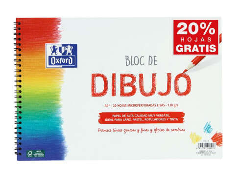 Oxford Bloc De Dibujo Escolar Espiral Formato A4+ Liso - 20 Hojas Microperforadas 130Gr Color Natural - Papel De Superfície Rugosa