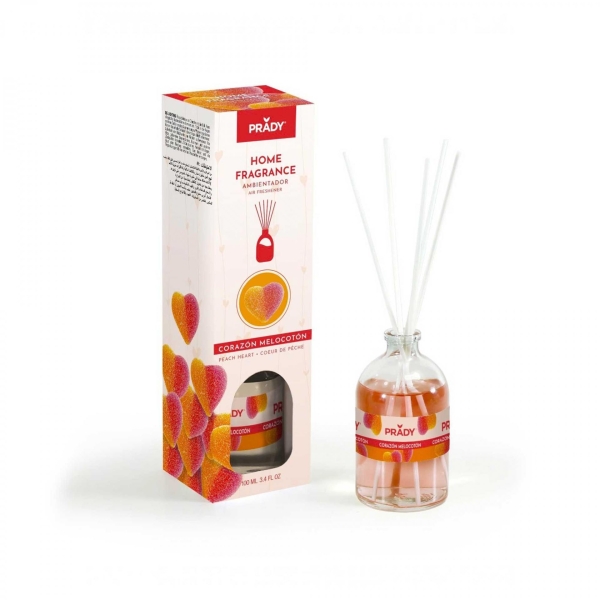 Prady Ambientador Mikado Corazon De Melocoton - Frasco De Cristal 100 Ml Y Varitas Difusoras
