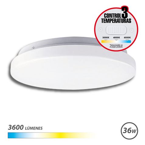 Elbat Aplique Led Techo Redondo 36W - 3600Lm - Selector 3 Temperaturas - Color Blanco
