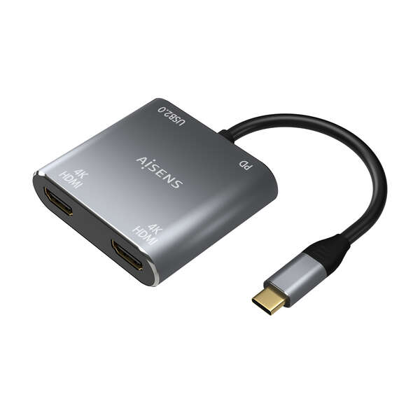 Aisens Conversor Usb-C A 2Xhdmi 4K Sst Mst/Usb2.0/Usb-C Pd 60W - Usb-C/M-2Xhdmi/H-Usb-A/H-Usb-C/H - 15Cm - Color Gris