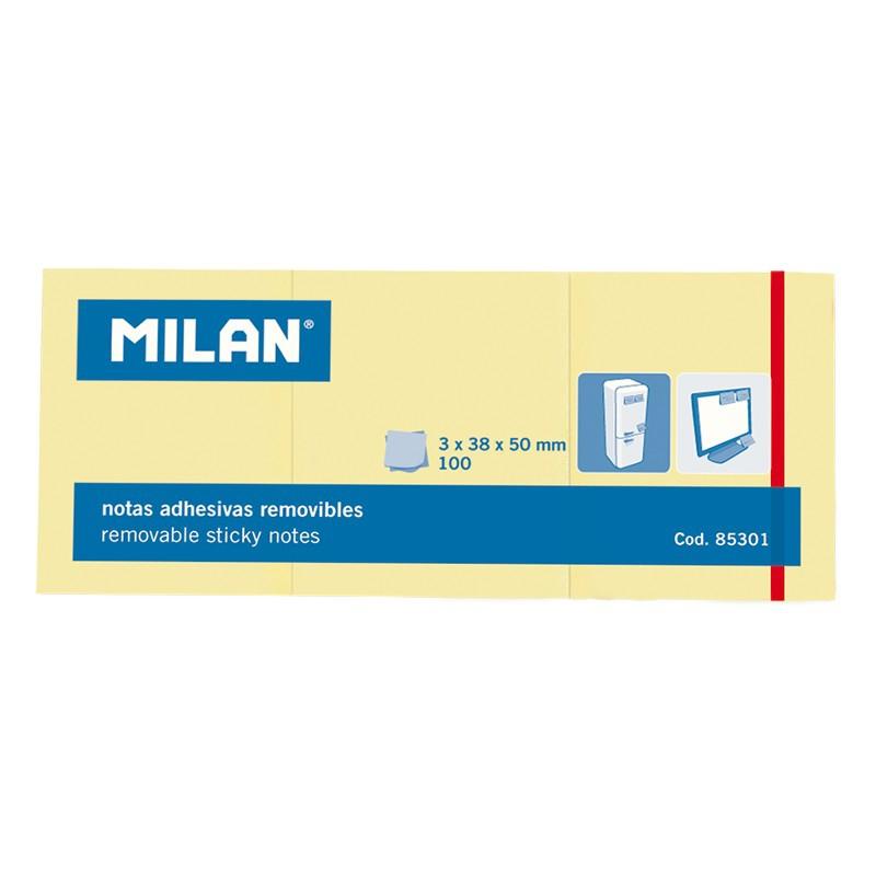 Milan Bloc Notas Adhesivas Removibles 100H 38X50 Amarillo Claro Pack 3 Ud