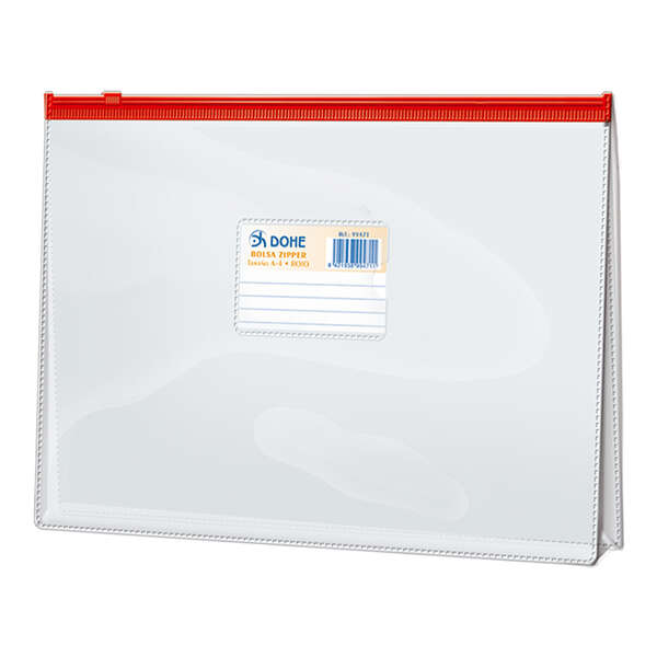 Dohe Bolsa Zipper Folio Apaisado Pvc Transparente 150 Micras - Apertura Superior - Cierre Zip Hermetico En Color Rojo