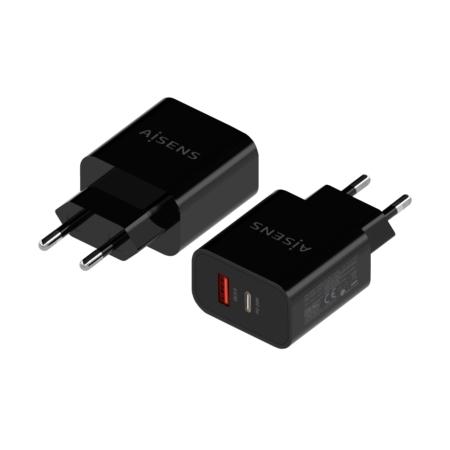 Aisens Cargador 1Xusb-C Pd3.0, 1Xusb-A Qc3.0 20W Negro