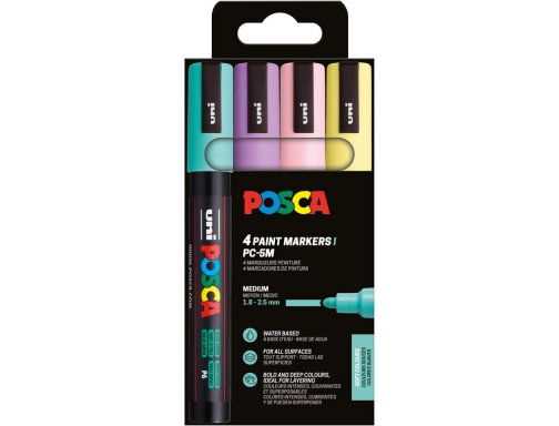 Posca Pc3M Pack De 4 Marcadores De Pintura - Punta Conica 0.9-1.3Mm - Tinta Base Al Agua - Resistente A La Luz - No Permanente - Ideal Para Carteleria Y Decoracion - Colores Surtidos Pastel