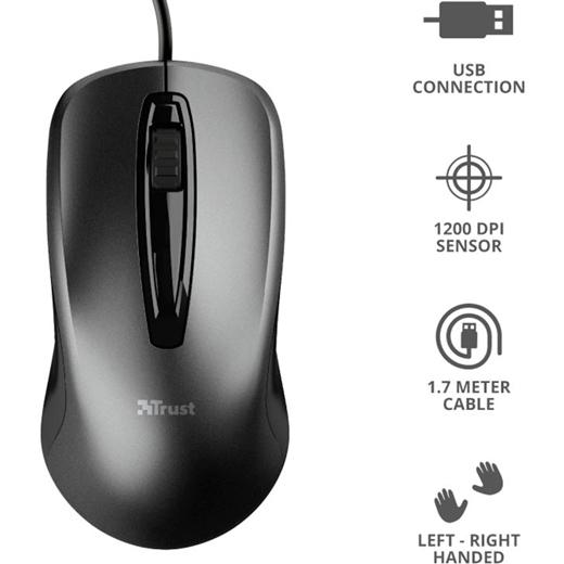 Trust Ratón Carve Cable Usb 1200Dpi Ambidiestro 3 Botones Negro