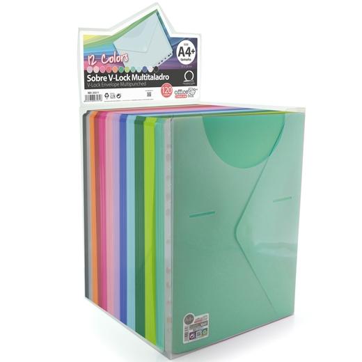 Office Box Sobre Broche Colorline A4+/Folio Multitaladro Cierre V-Lock Pp C/Surtidos Expositor 120 Ud