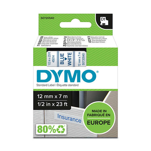 Dymo D1 Cinta De Etiquetas Original Para Rotuladora - Texto Azul Sobre Fondo Blanco - Ancho 12Mm X 7 Metros - S0720540