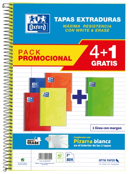 Oxford School Classic Write&Erase Pack 4+1 Fº - Cuaderno Espiral - Tapa Extradura - 1 Linea Con Margen - 80 Hojas - Colores Surtidos