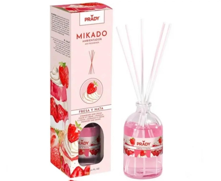 Prady Ambientador Mikado Fresas Y Nata - Frasco De Cristal 100 Ml Y Varitas Difusoras