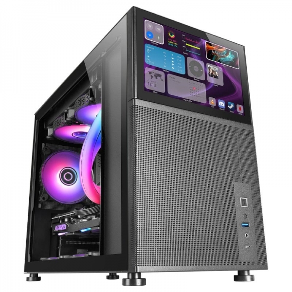 Mars Gaming Mc-Lcd Caja Pc Gaming - Diseño Compacto Micro-Atx - Pantalla Lcd Ips 8" - Conectividad Usb-C Y Usb 3.0 - Soporte Refrigeracion Liquida - Expansion Amplia - Color Negro