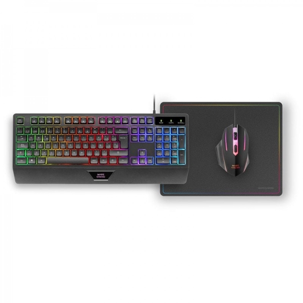 Mars Gaming Mcp124 Combo Gaming 3En1 - Teclado H-Mech Frgb - Raton Rgb Switches Huano - Alfombrilla Nanotextil Rainbow - Compatibilidad Multiplataforma - Color Negro