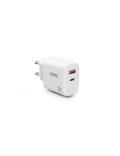 Urban Factory Powee Cargador Usb-C Gan De 65W - 1 Puerto Usb-C De 45W + 1 Puerto Usb-A De 18W - Carga Rapida - Color Blanco