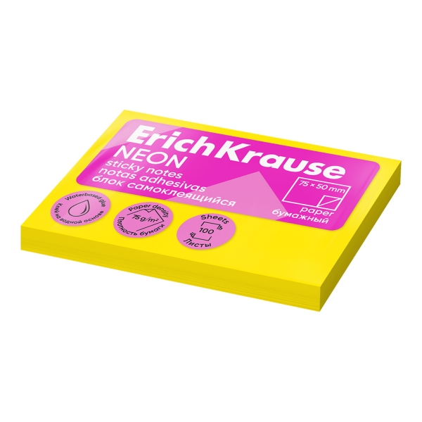 Erichkrause Bloc De 100 Notas Adhesivas 50X75Mm - Removibles - Color Amarillo Neon