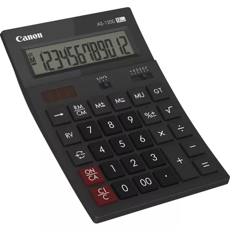 Canon As-1200 Calculadora De Sobremesa Con Pantalla Lcd De 12 Digitos - Funciones De Calculo De Recargo (Mu), Inversion (Rv), Gran Total (Gt) - Alimentacion Solar Y Pilas - Color Negro