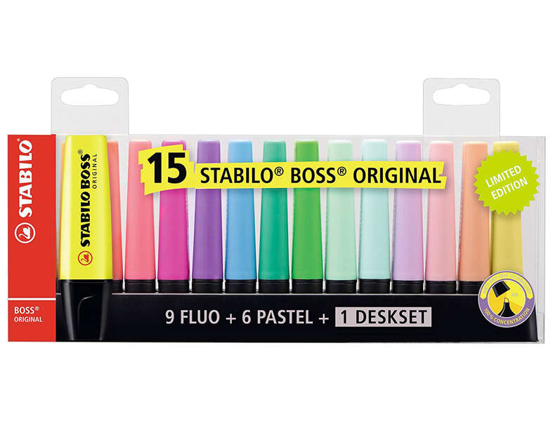 Stabilo Boss 70 Pack De Escritorio De 15 Marcadores Fluorescente - Practica Base Para Escritorio - Trazo Entre 2 Y 5Mm - Recargable - Tinta Con Base De Agua - Colores 9 Fluo + 6 Pastel