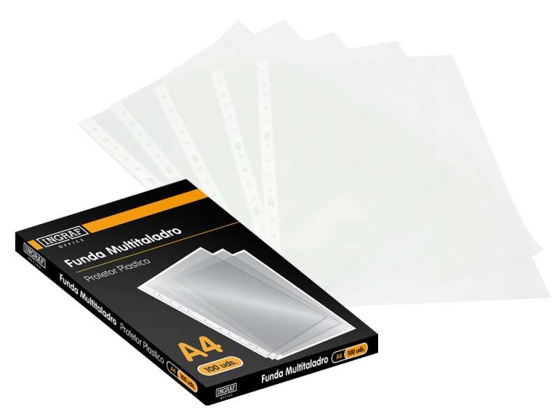 Ingraf Pack De 100 Fundas Multitaladro A4 Transparentes 70 Micras - Acabado Granulado