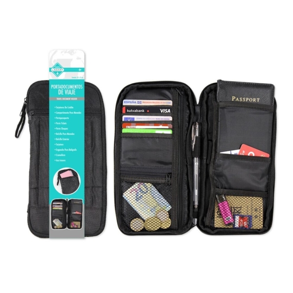 Lagart Portadocumentos De Viaje - Compartimentos Para Tarjetas, Monedas, Pasaporte, Billetes Etc... Color Negro