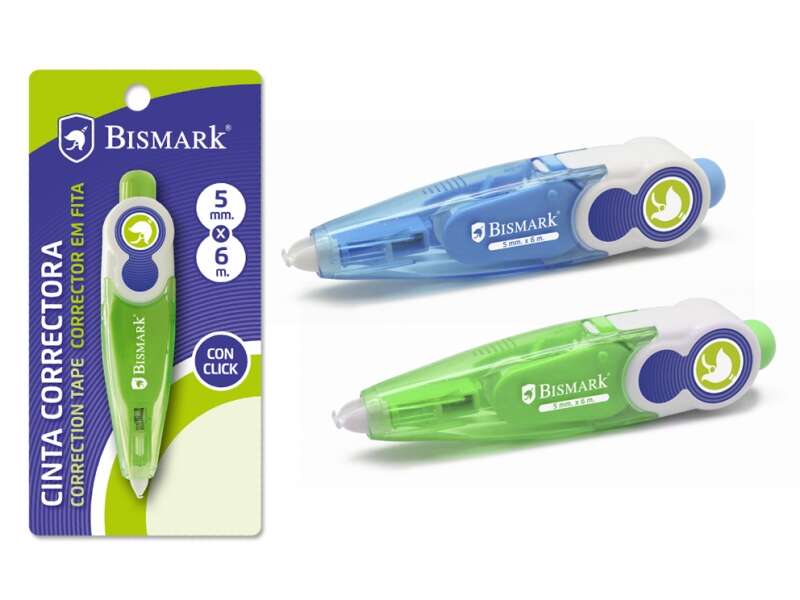 Bismark Cinta Correctora 5Mmx6M - Sistema Retro Que Oculta El Extremo - Perfecta Adherencia Al Papel - Presentacion En Blister Individual - Colores Surtidos Aleatorios