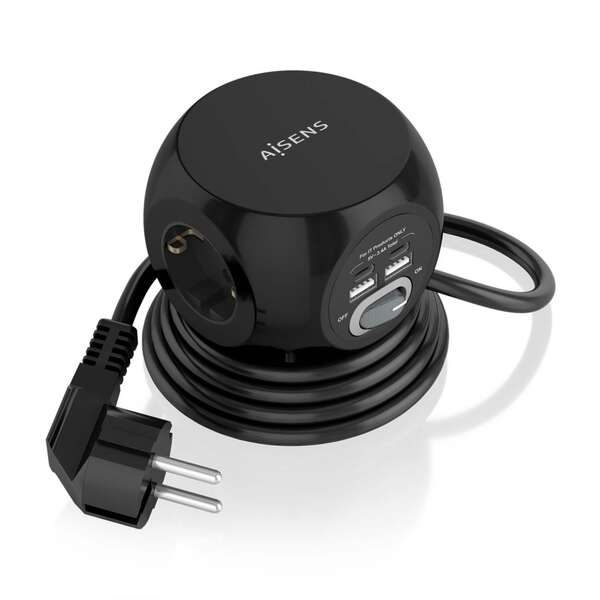 Aisens Regleta De Enchufes Sobremesa Multifuncion Con 3 Tomas + 2Xusb-C - 2Xusb-A - 1.4M - Color Negro
