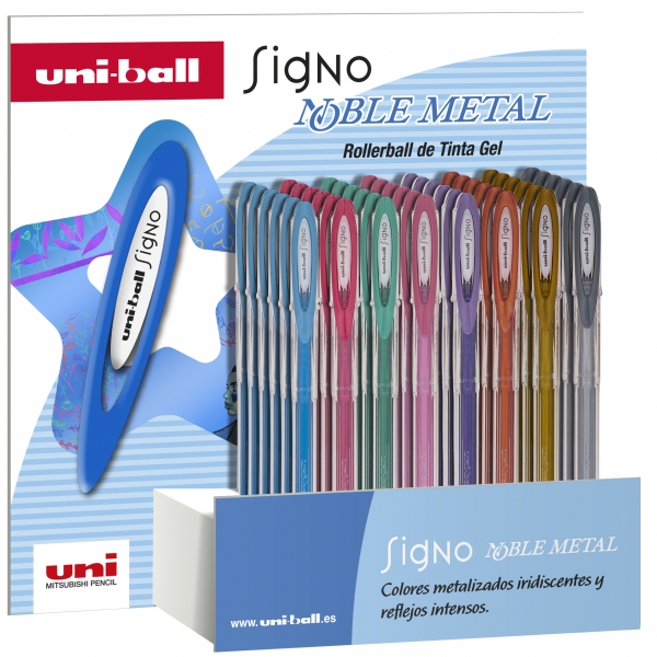 Uni-Ball Signo Noble Metal Expositor De 48 Boligrafos De Tinta Gel - Punta De Bola 0.8Mm - Tinta Resistente Al Agua Y Luz - Escribe En Papel Negro Y Blanco - Colores Surtidos