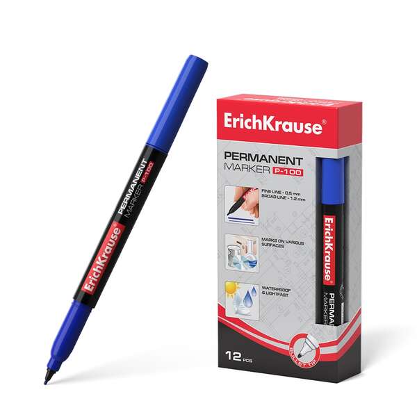 Erichkrause P-100 Marcador Permanente - Punta Fina - Trazo De 0.5 A 1.2Mm - Resistente Al Agua Y A Los Rayos Uv - Color Azul