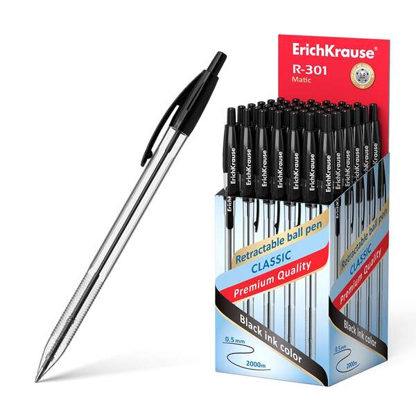 Erichkrause R-301 Matic Boligrafo Retractil Punta De Bola 1.0Mm - Tinta De Secado Rapido - Cuerpo Transparente - Color Negro