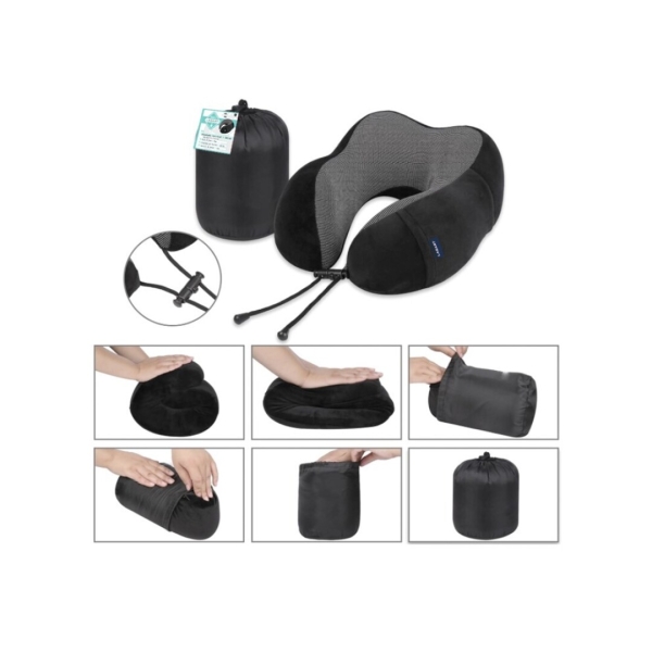 Lagart Almohada Cervical De Viaje Con Relleno De Espuma - Funda De Poliester Lavable Con Bolsillo - Bolsa De Transporte - Color Negro/Gris