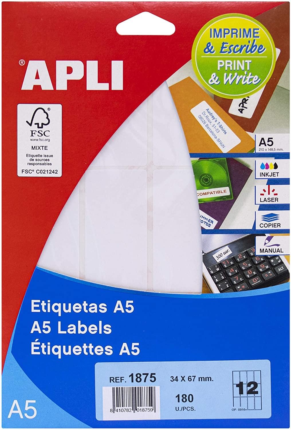 Apli Etiquetas Adhesivas 34X67Mm Manual/Impresión C/Romos 12 X 15H A5 Blanco