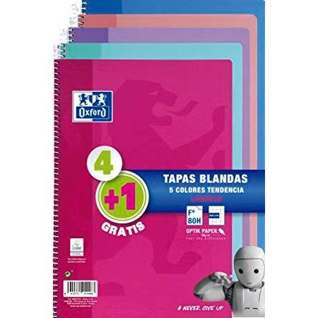 Oxford Cuaderno Espiral 80H Folio 4X4M C/Margen Tapa Blanda Pack 4+1 Ud C/Surtidos Tendencia