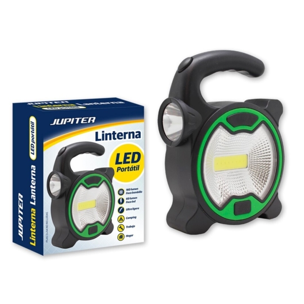 Jupiter Linterna Cob+1 Led - Foco Bombilla 160Lm, Foco Led 60Lm - Funciona Con 3 Pilas Aa (No Incluidas) - Color Negro/Verde