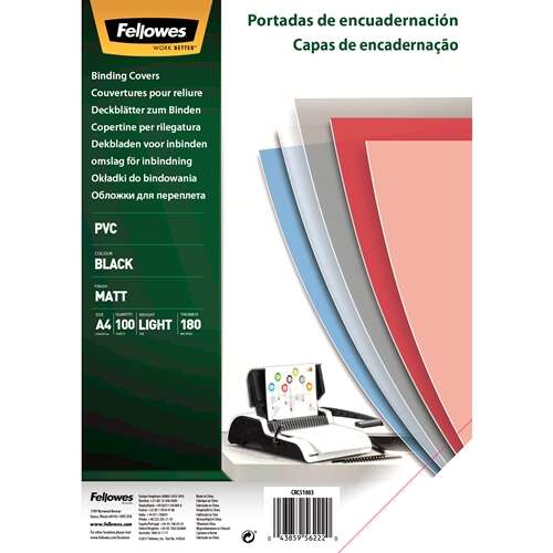 Fellowes Pack De 100 Portadas Para Encuadernar De Pvc A4 - 180 Micras - Acabado De Calidad - Color Negro