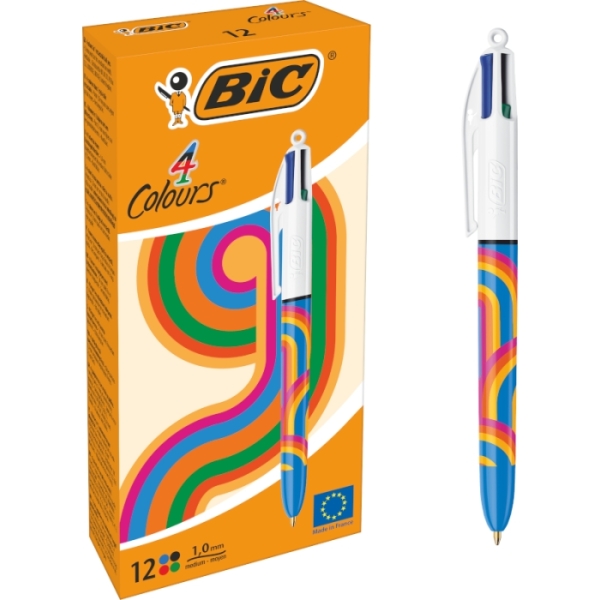 Bic 4 Colours Decors Lines Boligrafo De Bola Retractil - Punta Media De 1.0Mm - Tinta Con Base De Aceite - 4 Colores
