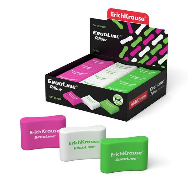 Erichkrause Ergoline Pillow Goma De Borrar Ergonomica - Fabricada De Caucho Termoplastico Hipoalergenico - Sin Pvc - Colores Rosa, Blanco Y Verde