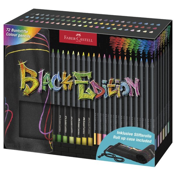 Faber-Castell Black Edition Pack Enrollable De 72 Lapices De Colores - Mina Supersuave - Madera Negra - Ideales Para Dibujo Sobre Papel Claro, Oscuro Y De Colores - Colores Surtidos