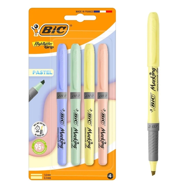 Bic Highlighter Grip Pack Con 4 Marcadores Fluorescentes Pastel - Punta Biselada - Trazo Entre 1.60 Y 3.30 Mm - Grip Texturizado - Colores Surtidos
