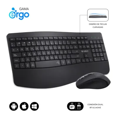 Subblim Dual Office Prowave Black Pack De Teclado Ergonomico + Raton 3200Dpi Inalambricos Bluetooth 5.3 Y Receptor Usb - Bateria Recargable - Color Negro