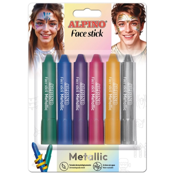 Alpino Fiesta Face Stick Metallic Pack Con 6 Barritas De Pintura Facial - Sistema Retractil Giratorio - Se Lava Con Agua - Testado Dermatologicamente - Colores Surtidos Metalicos