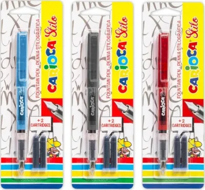 Carioca Pack De 1 Pluma Estilografica + 2 Cartuchos - Cartuchos Estandar De Tinta Azul - Escritura Suave Y Precisa - Colores Del Cuerpo Surtidos Aleatorios